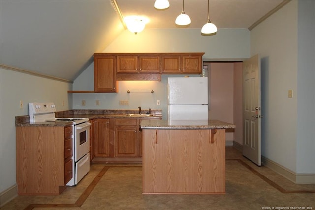 kitchen with sink, white appliances, hanging light fixtures, and vaulted ceiling