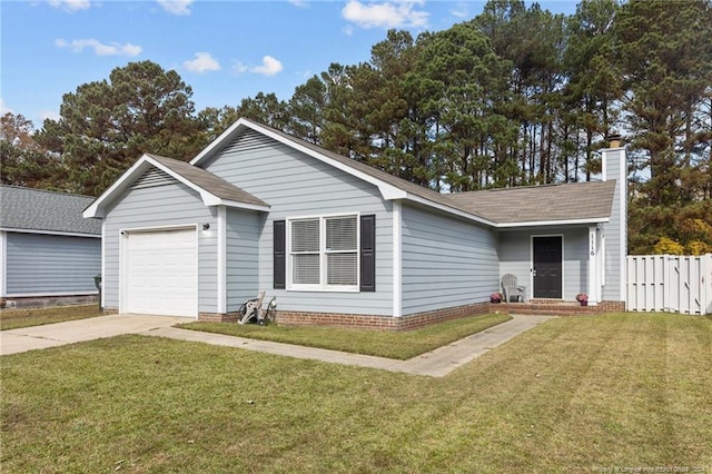 ranch-style house with a front yard and a garage