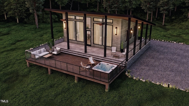 deck with outdoor lounge area, a patio, and an outdoor structure