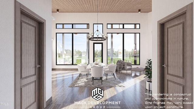 dining area featuring a chandelier, dark hardwood / wood-style flooring, and wooden ceiling