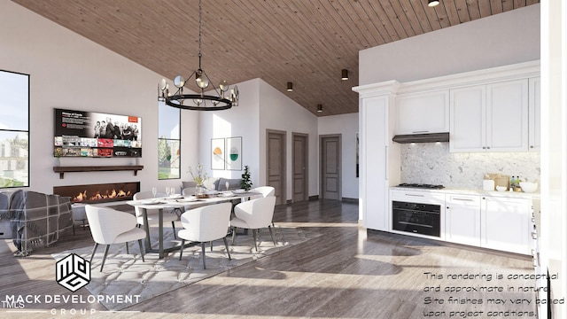 dining room featuring dark hardwood / wood-style flooring, wood ceiling, and high vaulted ceiling