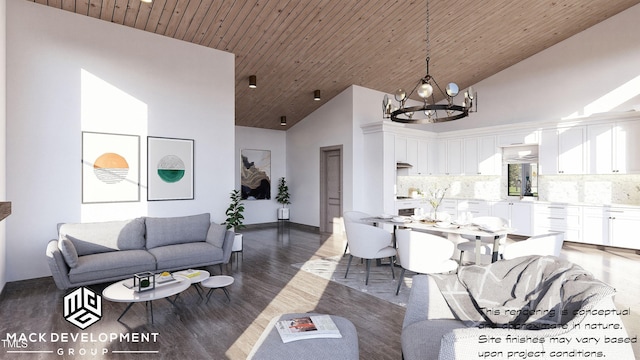 living room featuring a chandelier, high vaulted ceiling, wooden ceiling, and dark hardwood / wood-style floors