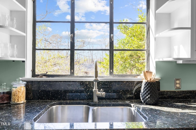 interior details with dark stone countertops and sink