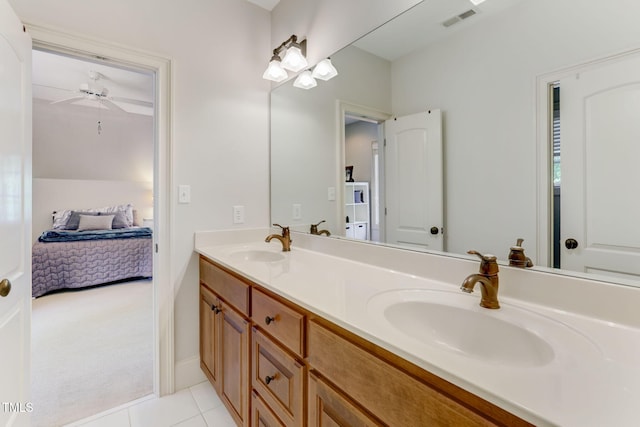 bathroom with vanity, ceiling fan, and tile patterned floors