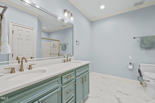 bathroom with toilet, an enclosed shower, crown molding, and vanity