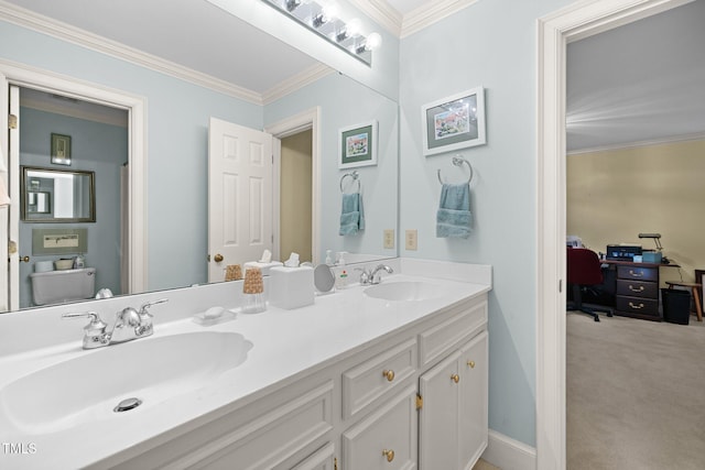 bathroom with vanity and ornamental molding