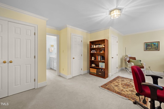 carpeted home office featuring ornamental molding