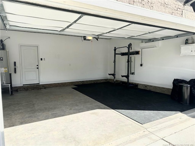 garage with a garage door opener and water heater