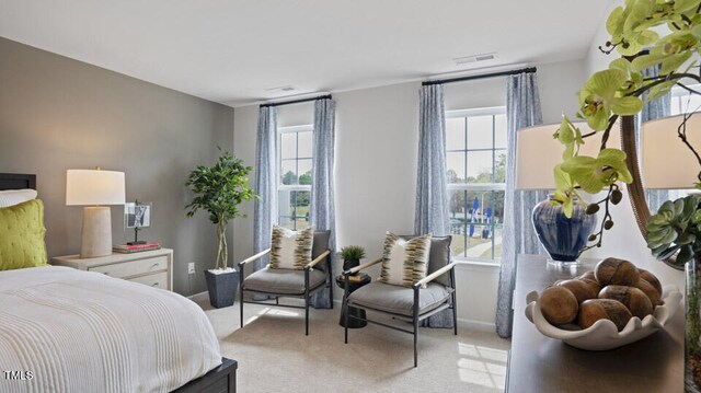 bedroom with light colored carpet and multiple windows