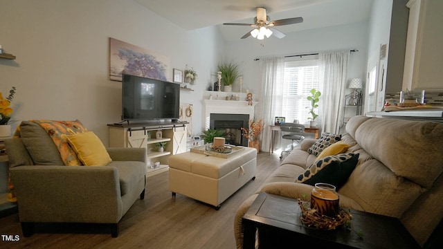 living room with ceiling fan and light hardwood / wood-style floors