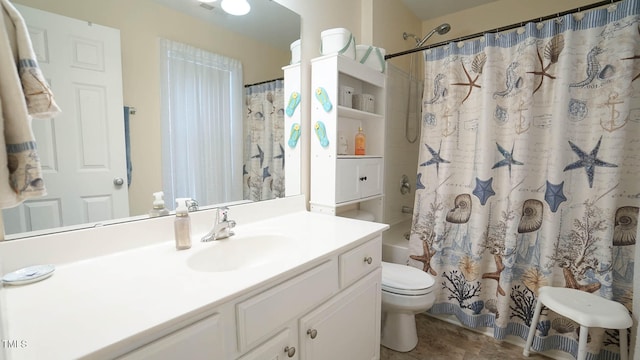 full bathroom featuring vanity, toilet, and shower / bathtub combination with curtain