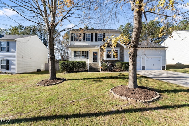 view of front property featuring a front lawn and covered porch