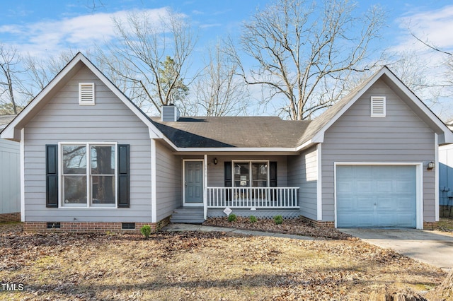 ranch-style house featuring a porch, a chimney, concrete driveway, a garage, and crawl space