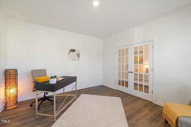 office space with french doors and dark wood-type flooring