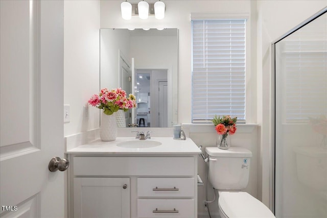 bathroom with vanity, an enclosed shower, and toilet