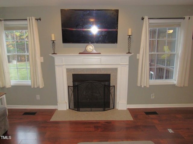 room details featuring a tile fireplace and wood-type flooring