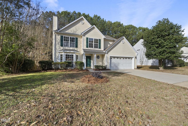 front facade with a garage and a front lawn