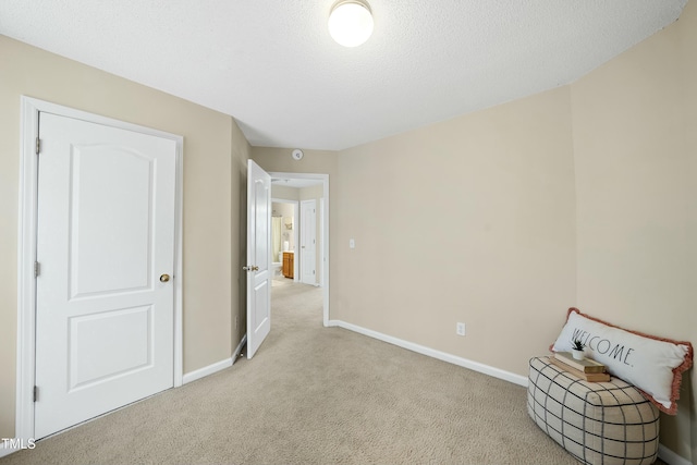 interior space with light colored carpet and a textured ceiling