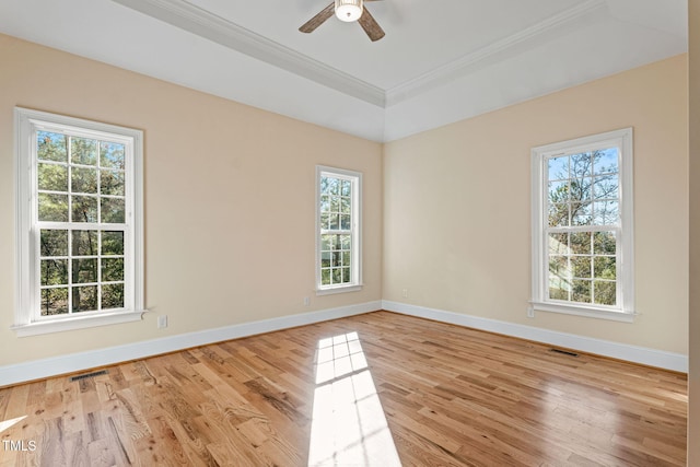 spare room featuring ornamental molding, ceiling fan, light hardwood / wood-style floors, and a raised ceiling