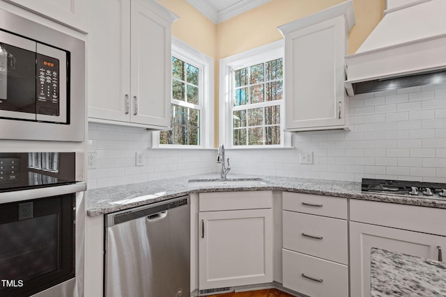 kitchen with appliances with stainless steel finishes, white cabinets, sink, and premium range hood