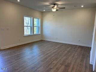 unfurnished room featuring ceiling fan, recessed lighting, dark wood finished floors, and baseboards