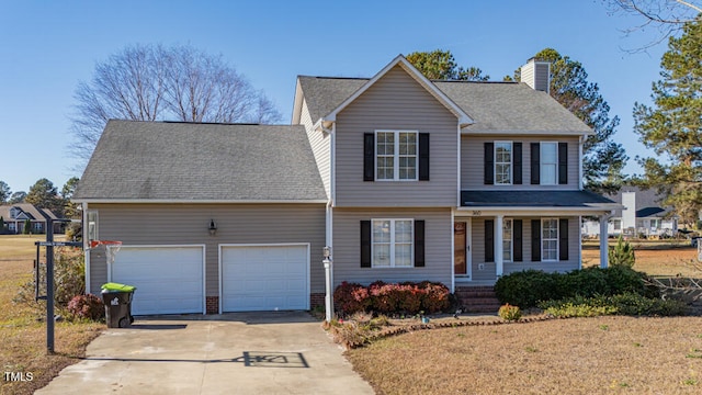 view of front facade featuring a front yard, a porch, and a garage