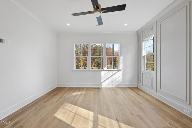 2637 Trifle Ln, Wake Forest, NC 27587 - spare room with baseboards, light wood finished floors, ceiling fan, ornamental molding, and recessed lighting