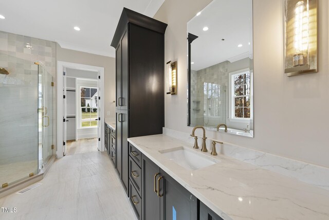 2637 Trifle Ln, Wake Forest, NC 27587 - bathroom featuring vanity, a stall shower, and recessed lighting