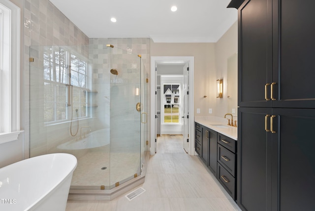 bathroom featuring vanity, separate shower and tub, and a healthy amount of sunlight