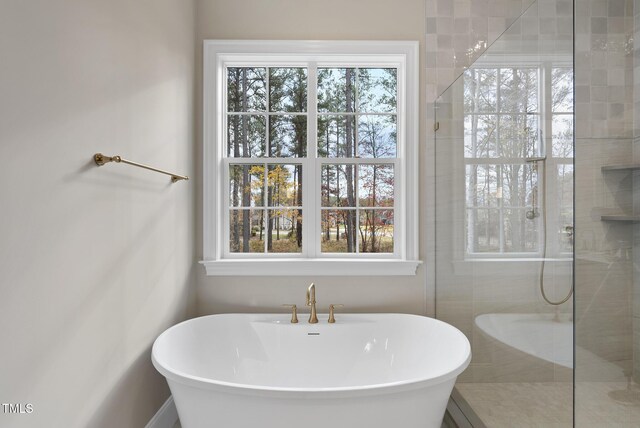 2637 Trifle Ln, Wake Forest, NC 27587 - bathroom featuring healthy amount of natural light, a freestanding bath, and tiled shower