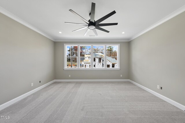 2637 Trifle Ln, Wake Forest, NC 27587 - unfurnished room with crown molding, ceiling fan, recessed lighting, baseboards, and light colored carpet