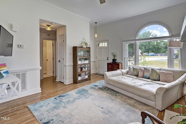 living room with ornamental molding and hardwood / wood-style flooring