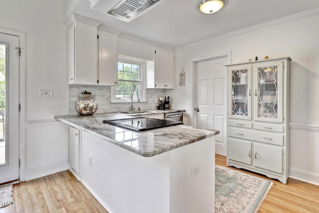 kitchen with white cabinetry, sink, tasteful backsplash, light hardwood / wood-style flooring, and kitchen peninsula