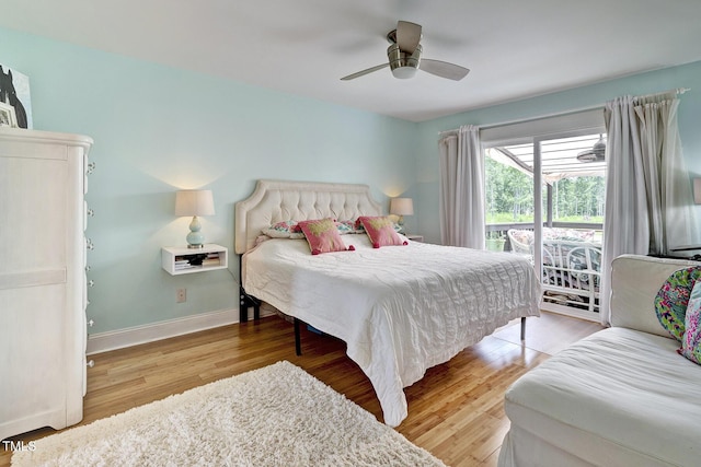 bedroom featuring ceiling fan and light hardwood / wood-style flooring