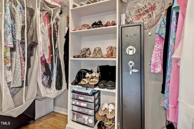 walk in closet with light hardwood / wood-style flooring