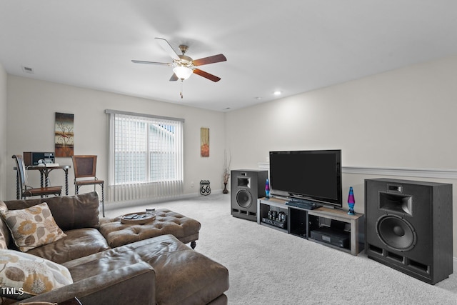 carpeted living area with recessed lighting, visible vents, and ceiling fan