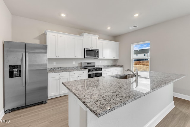 kitchen with white cabinetry, a kitchen island with sink, and appliances with stainless steel finishes