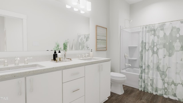 full bathroom with shower / bath combo, wood-type flooring, vanity, and toilet