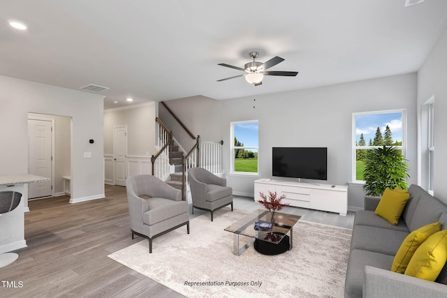 8816 Melvin St Unit 15-, Smithfield, Willow Springs, NC 27592 - living area with light wood-style floors, a ceiling fan, stairway, recessed lighting, and baseboards