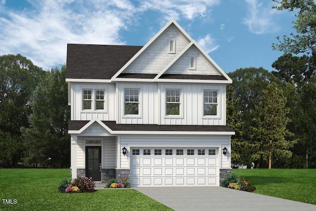 craftsman inspired home featuring a front yard and a garage