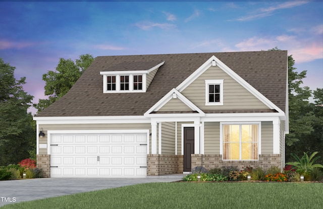 view of front of house featuring brick siding, a shingled roof, an attached garage, driveway, and a front lawn