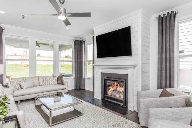 living area with dark wood finished floors, a healthy amount of sunlight, and crown molding