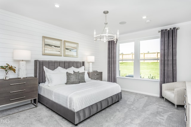 carpeted bedroom with recessed lighting, crown molding, baseboards, and an inviting chandelier