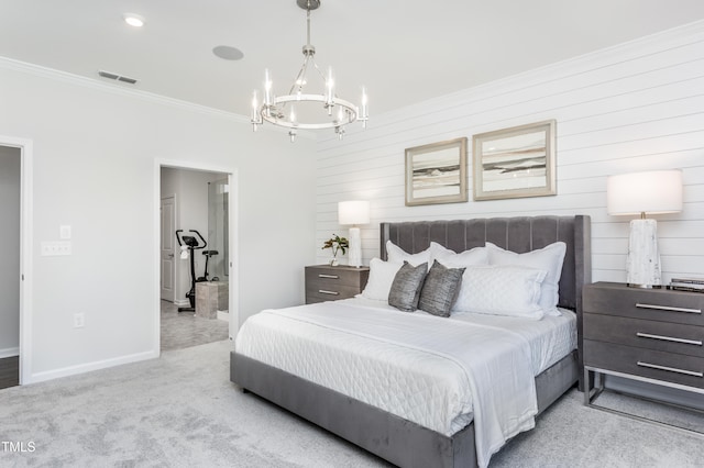 carpeted bedroom with ornamental molding, visible vents, baseboards, and an inviting chandelier