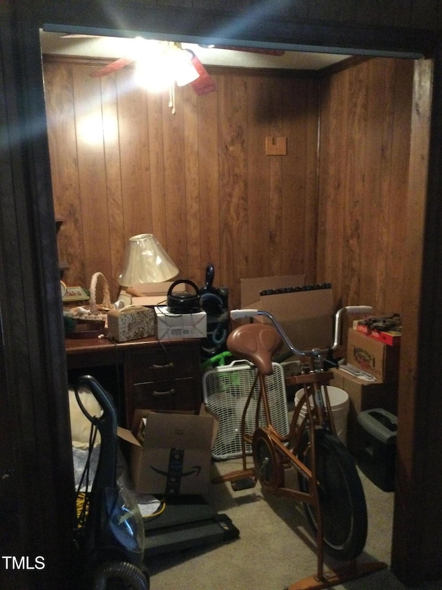 interior space with carpet flooring and wood walls