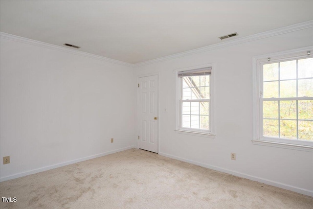 carpeted spare room with plenty of natural light and crown molding