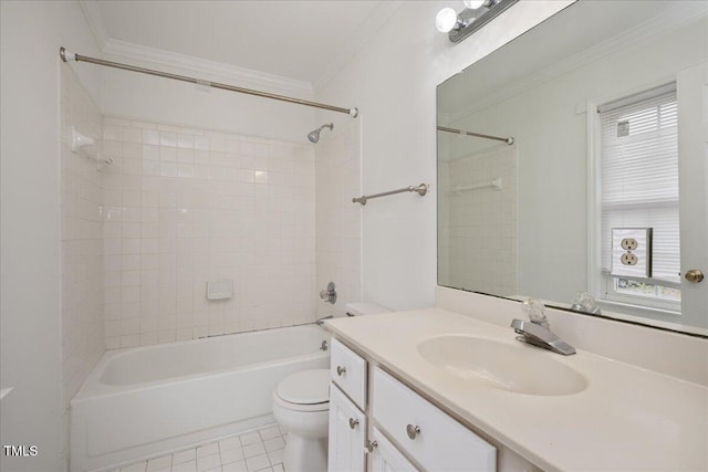 full bathroom with tiled shower / bath combo, tile patterned flooring, crown molding, toilet, and vanity