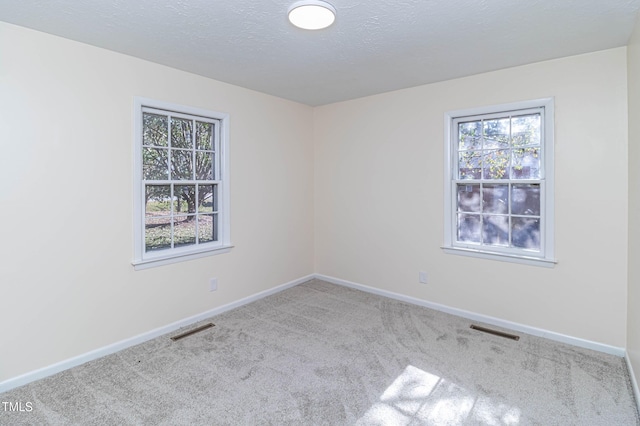 empty room with light colored carpet and a textured ceiling