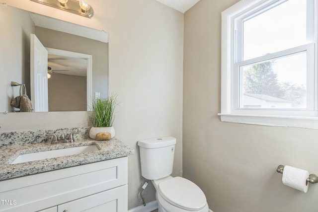 bathroom with ceiling fan, vanity, and toilet