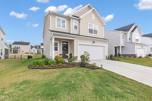 view of front of house with a garage and a front lawn